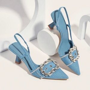 Blue Denim Embellished Sling Back Heels Pumps Shoes